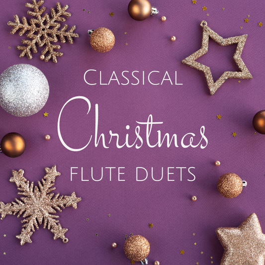 Gold Christmas decorations on a purple background. White text says "Classical Christmas Flute Duets."