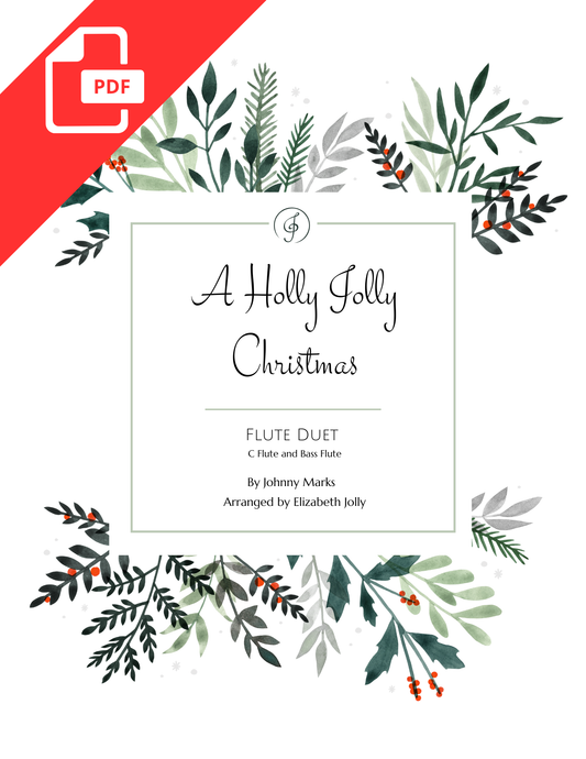 Sheet music cover page for "A Holly Jolly Christmas" for Flute Duet, arranged by Elizabeth Jolly