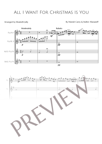 Preview image of the sheet music for Mariah Carey's "All I Want For Christmas Is You" arranged for Flute Quartet by Elizabeth Jolly