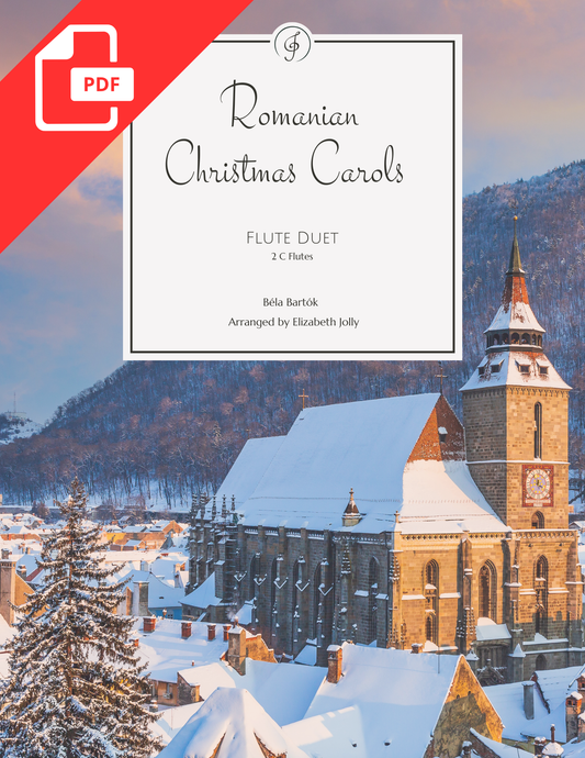 Cover image for PDF sheet music for Romanian Christmas Carols by Bela Bartok arranged for flute duet by Elizabeth Jolly