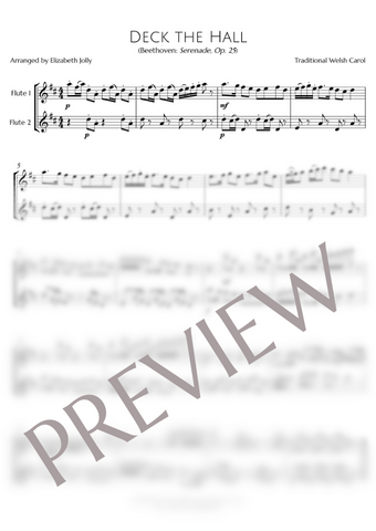 Preview of "Deck the Hall" sheet music for flute duet. This arrangement is from Jolly Jingles: 24 Festive Flute Duets arranged by Elizabeth Jolly.