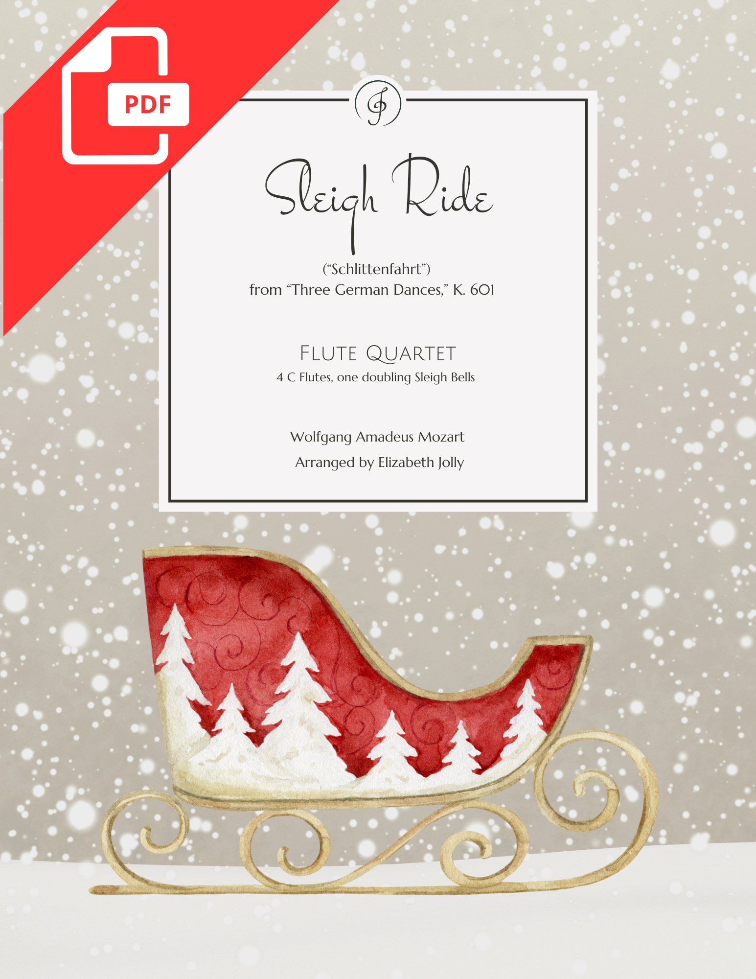 Cover image for the PDF sheet music for Mozart's Sleigh Ride arranged for flute quartet by Elizabeth Jolly