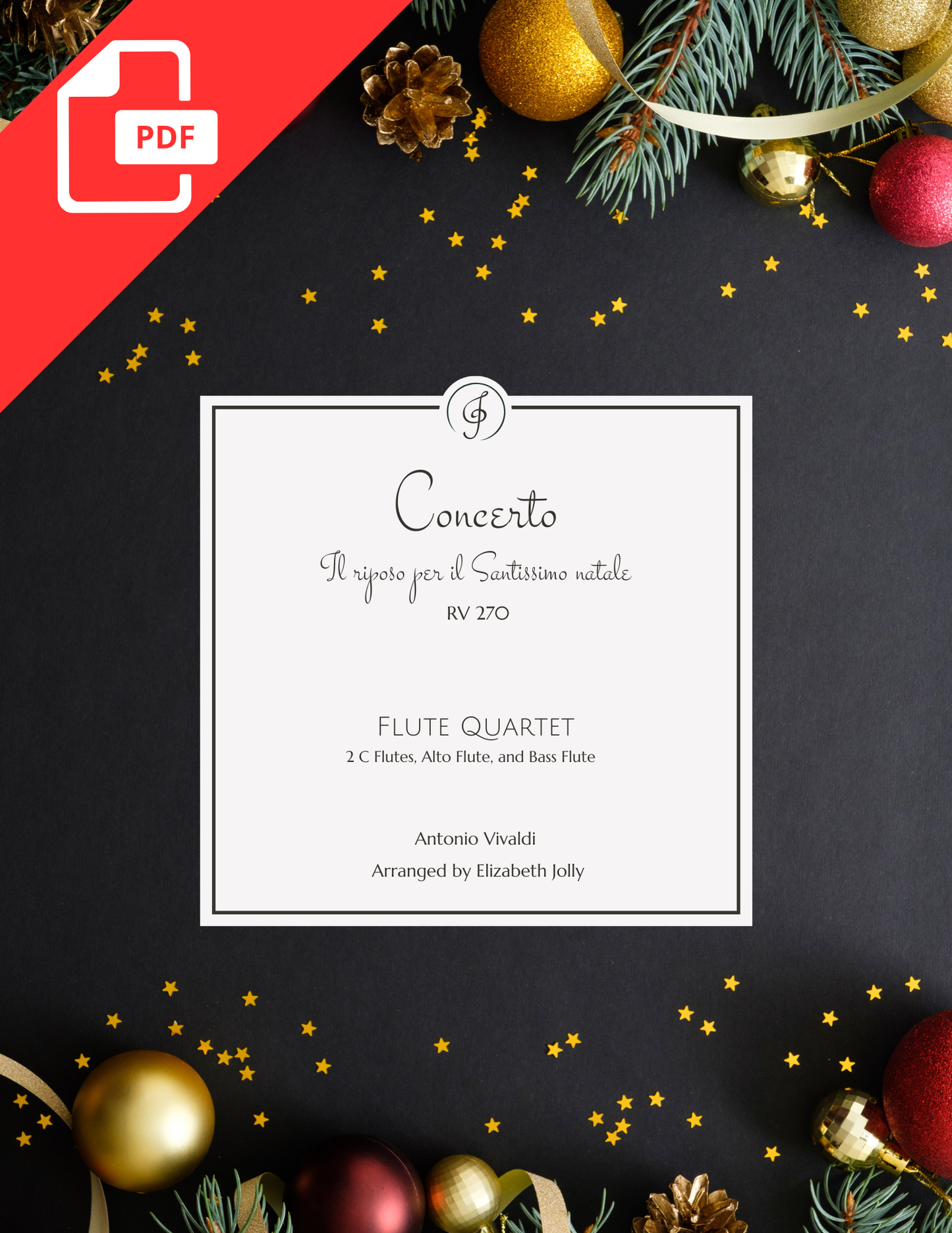 Cover image for the PDF sheet music for Vivaldi Christmas Eve Concerto arranged for flute quartet by Elizabeth Jolly