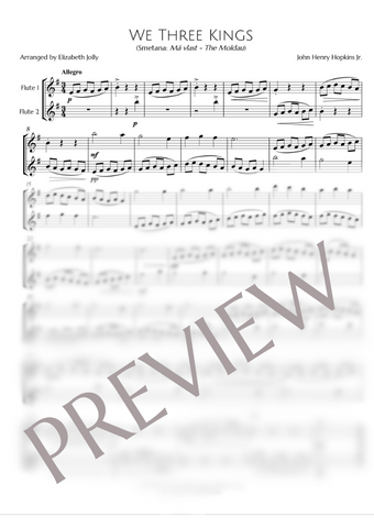 Preview of "We Three Kings" sheet music for flute duet. This arrangement is from Jolly Jingles: 24 Festive Flute Duets arranged by Elizabeth Jolly.