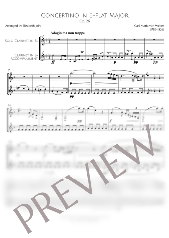Preview of the first page of the score for this clarinet duet arrangement of Weber Concertino in E-flat, Op. 26.